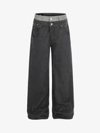 Vintage Washed Layered Waist Wide Leg Denim Jeans