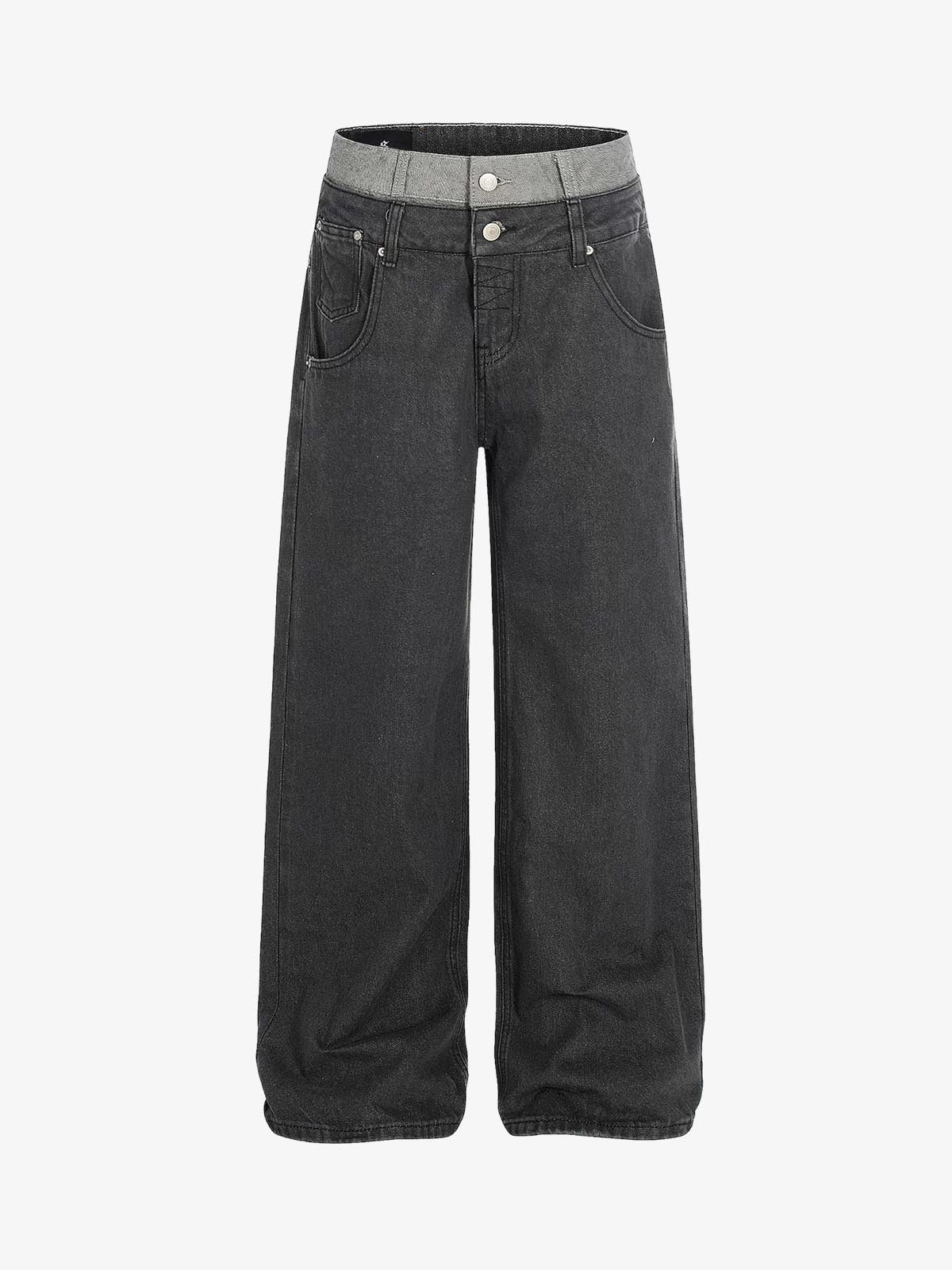 Vintage Washed Layered Waist Wide Leg Denim Jeans