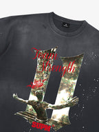 Washed Distressed "Team Strength 11" Graphic T-Shirt