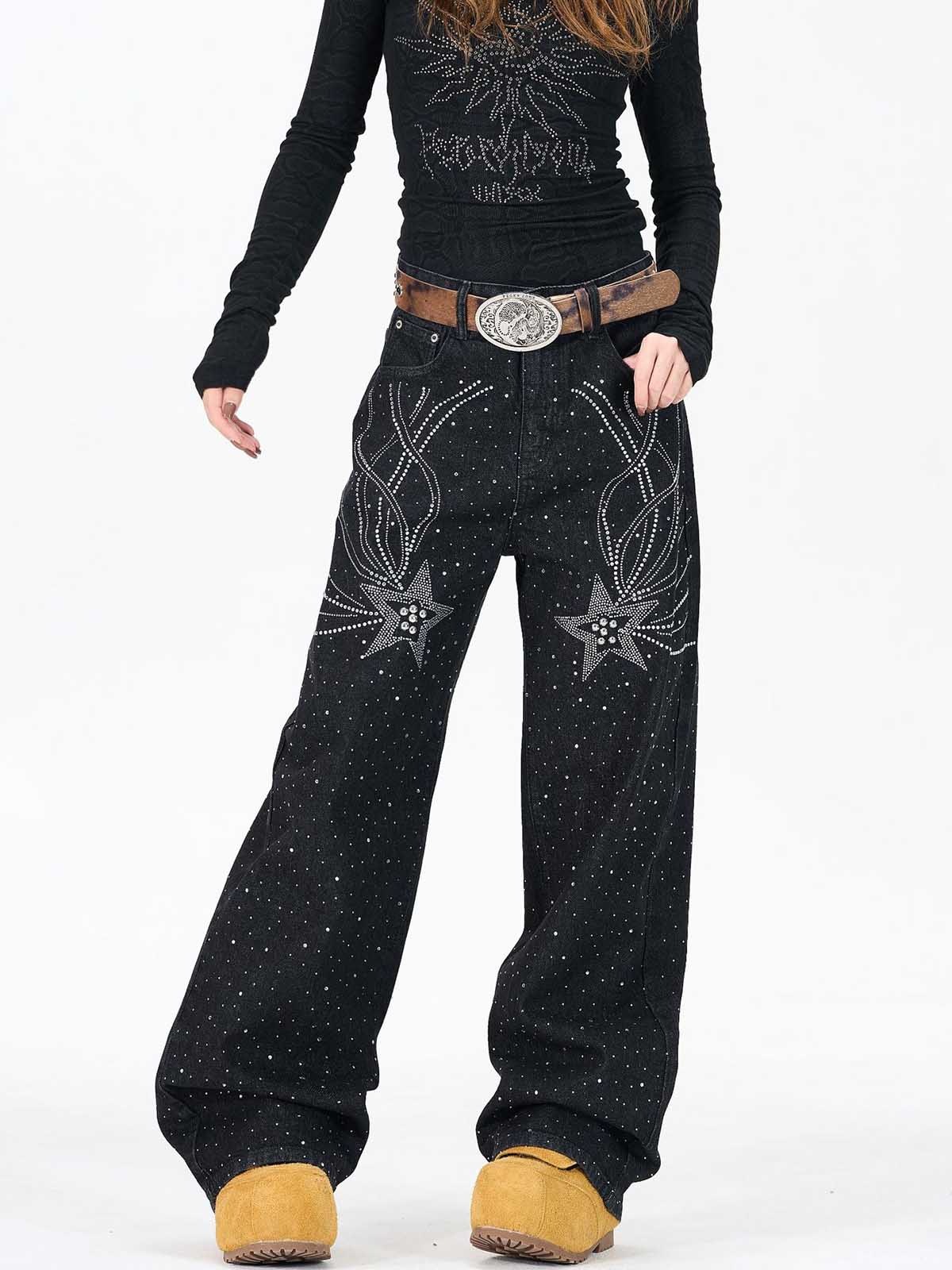 Star Rhinestone Embellished Baggy Jeans
