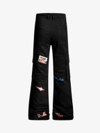 Retro Patchwork Graphic Multi-Pocket Flared Cargo Pants