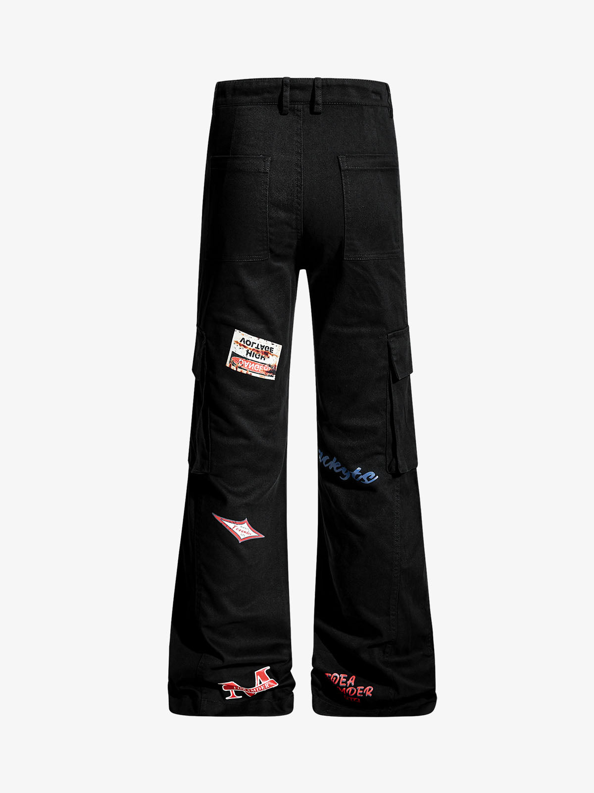 Retro Patchwork Graphic Multi-Pocket Flared Cargo Pants
