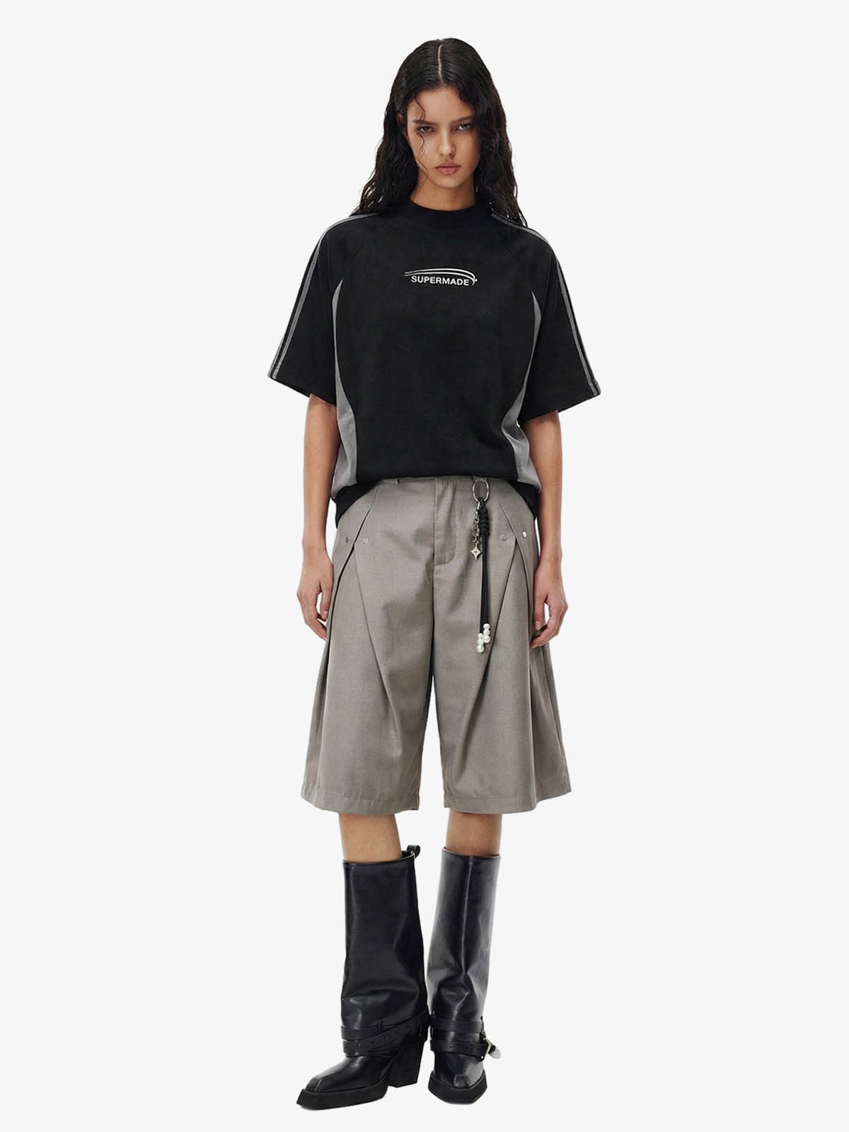 Suede Panel precipice Embroidered Short Sleeve T-Shirt - 2616