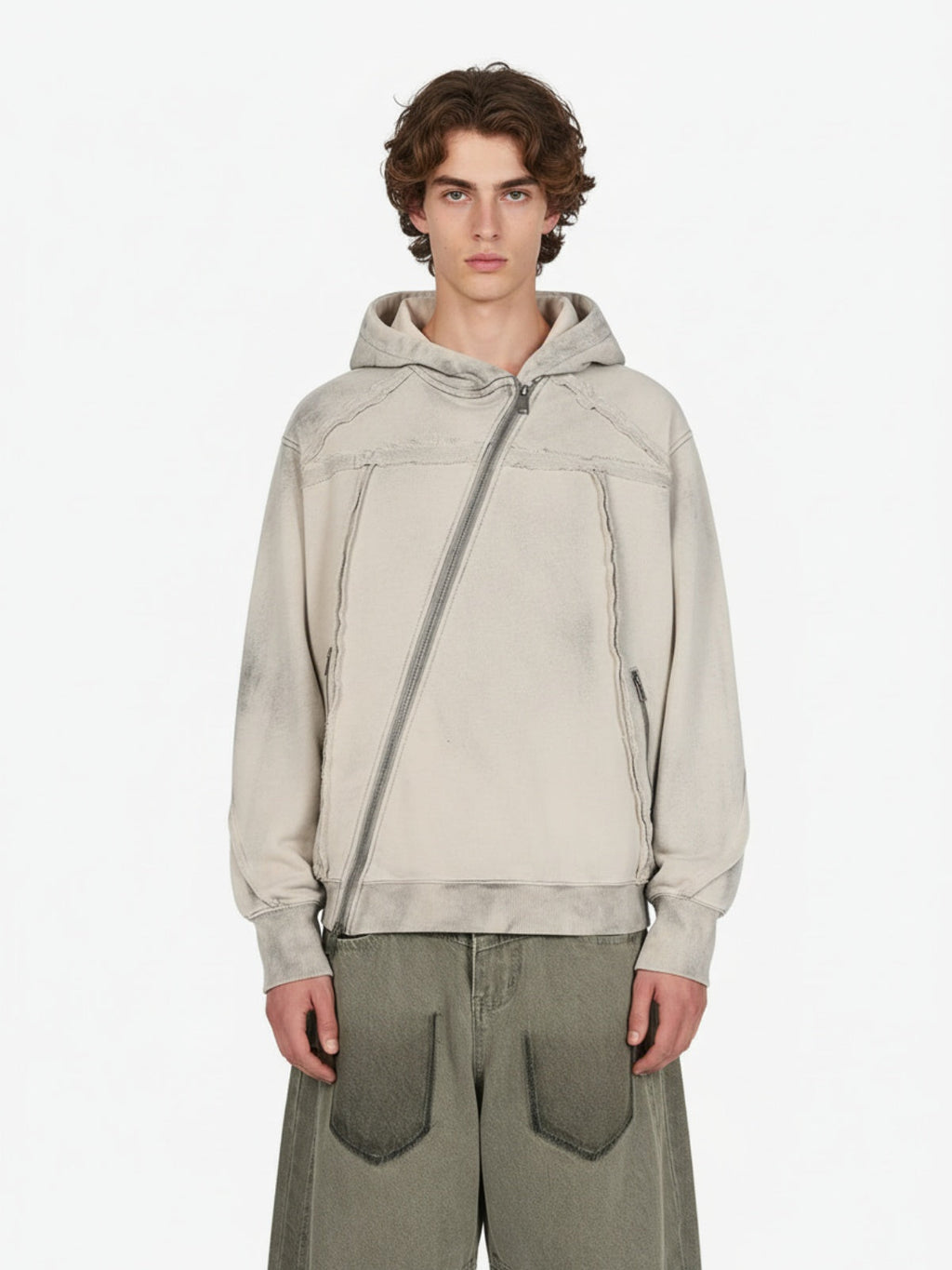 Retro Asymmetric Zip Up Deconstructed Hoodie