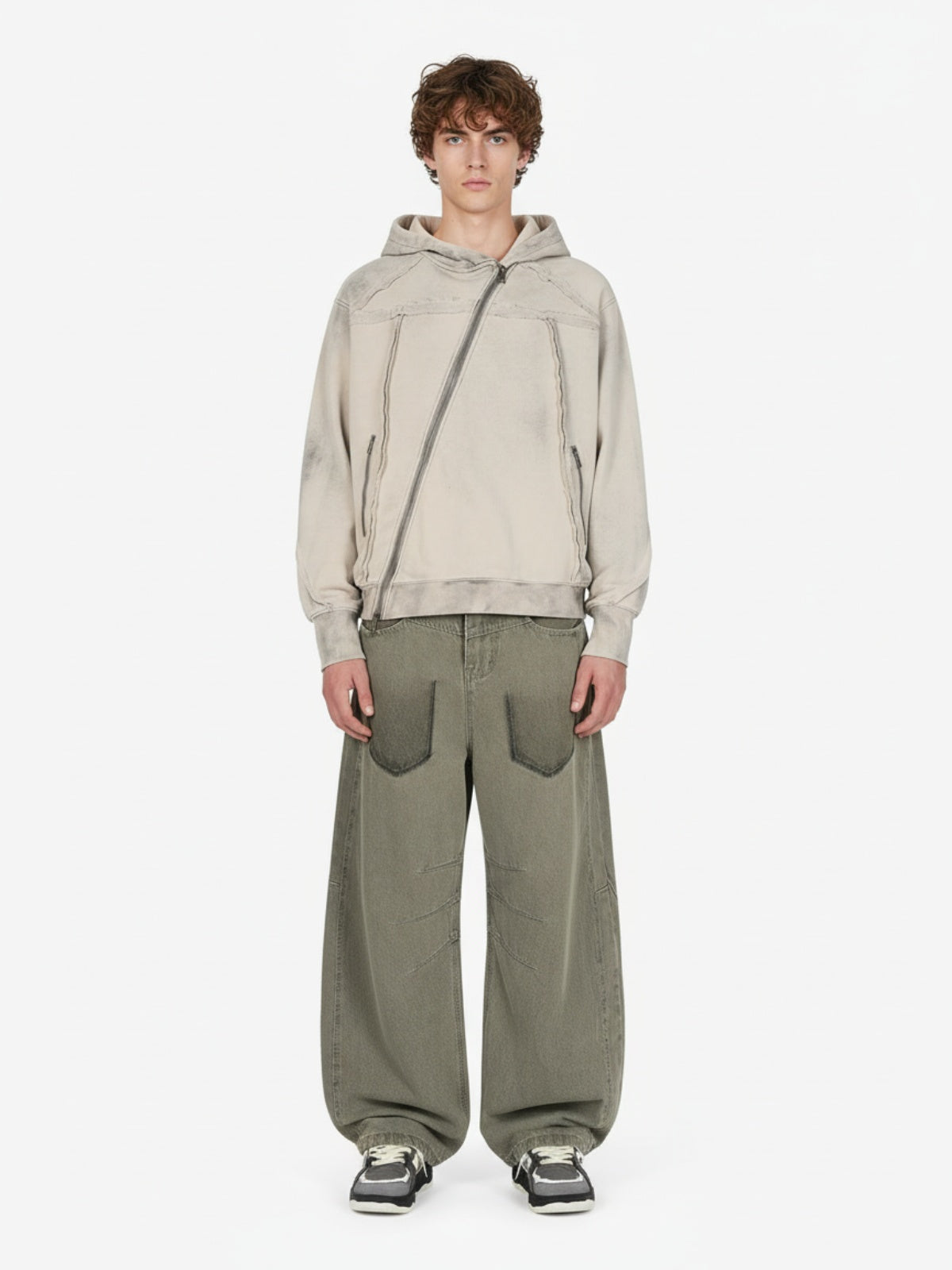 Retro Asymmetric Zip Up Deconstructed Hoodie