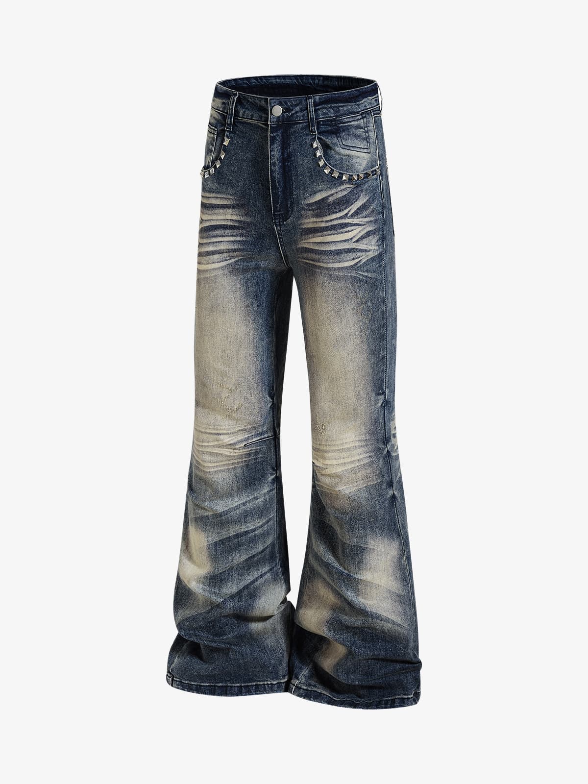 Vintage Washed Studded Pocket Flared Jeans - 2617