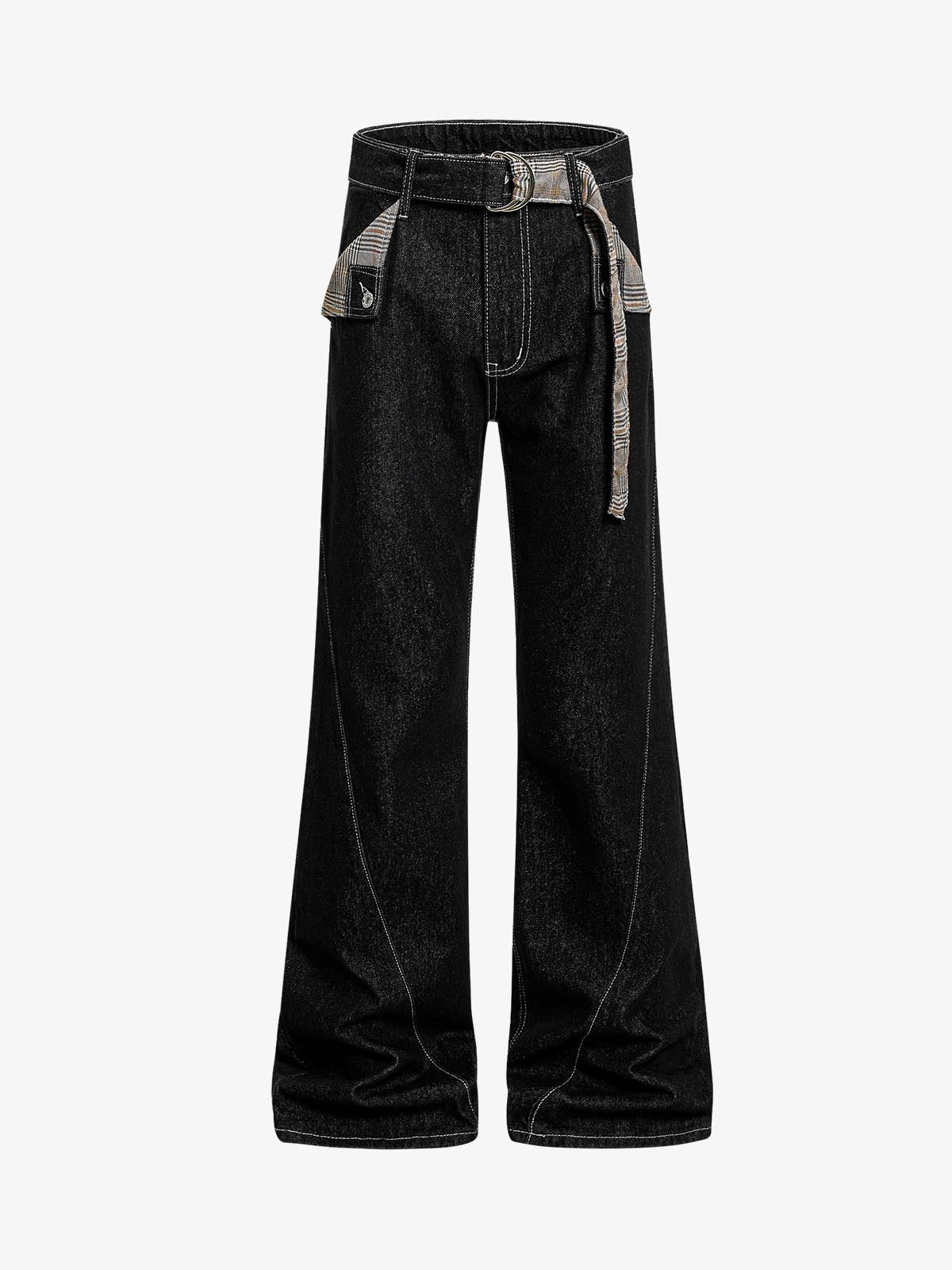 Vintage Plaid-Trim Tape-Belt Jeans