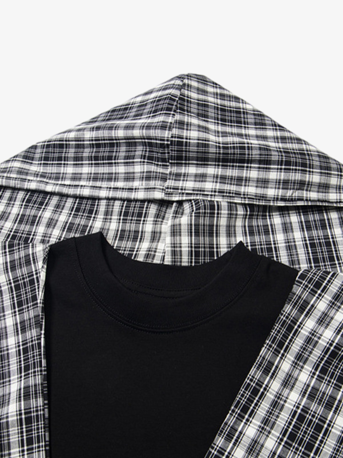 Jersey Knit Detachable Badge Hooded Plaid Cape T-Shirt