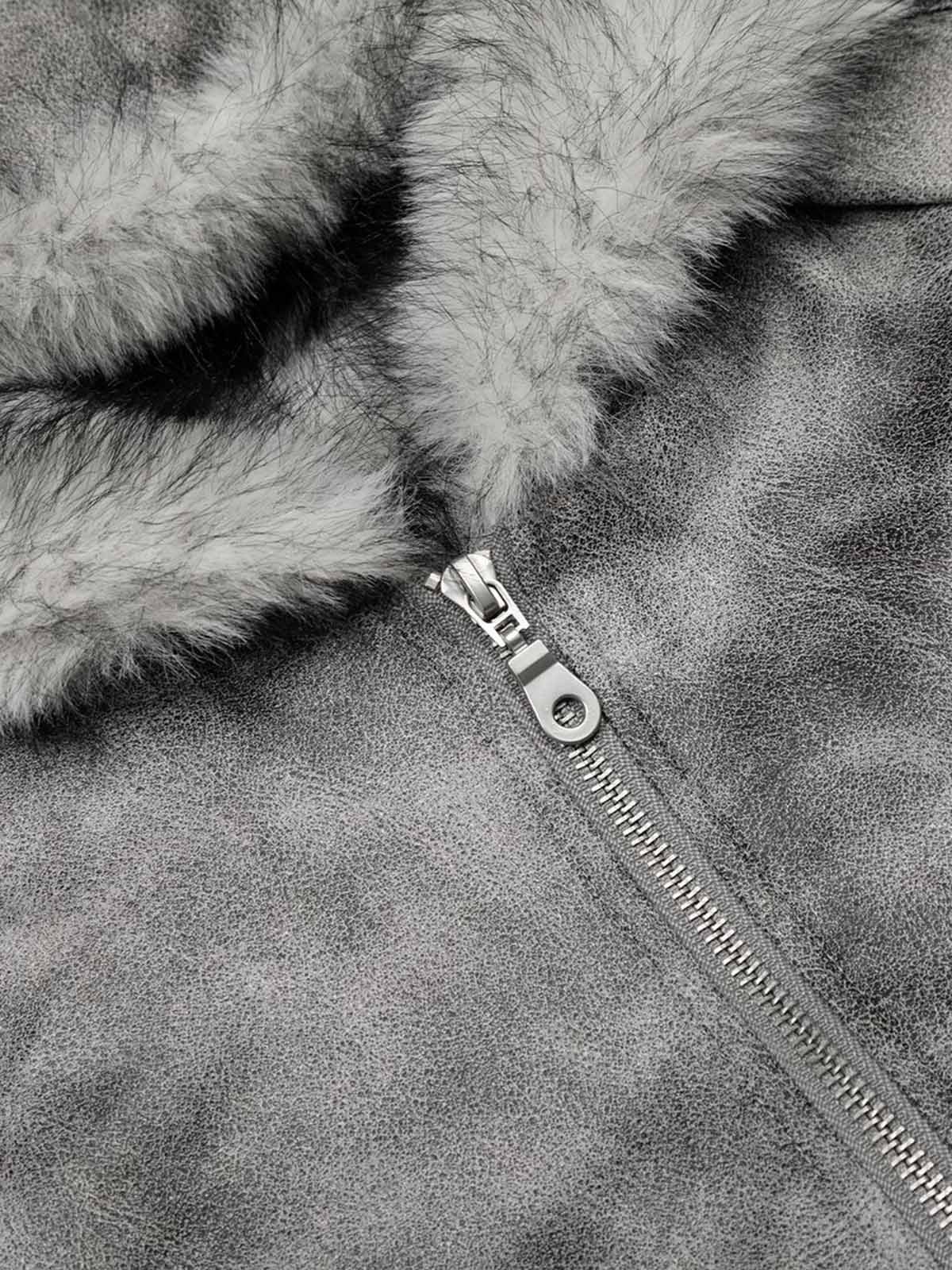 Faux Suede Vintage Wash Fur Hood Padded Jacket - 2553