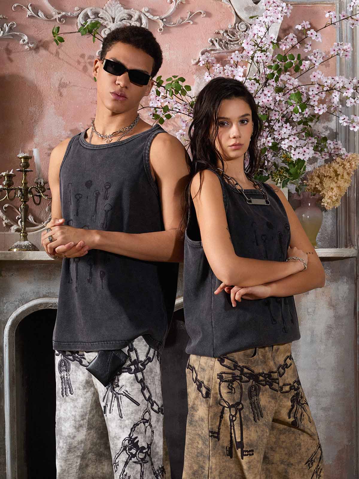 Washed Distressed Key Print Vest