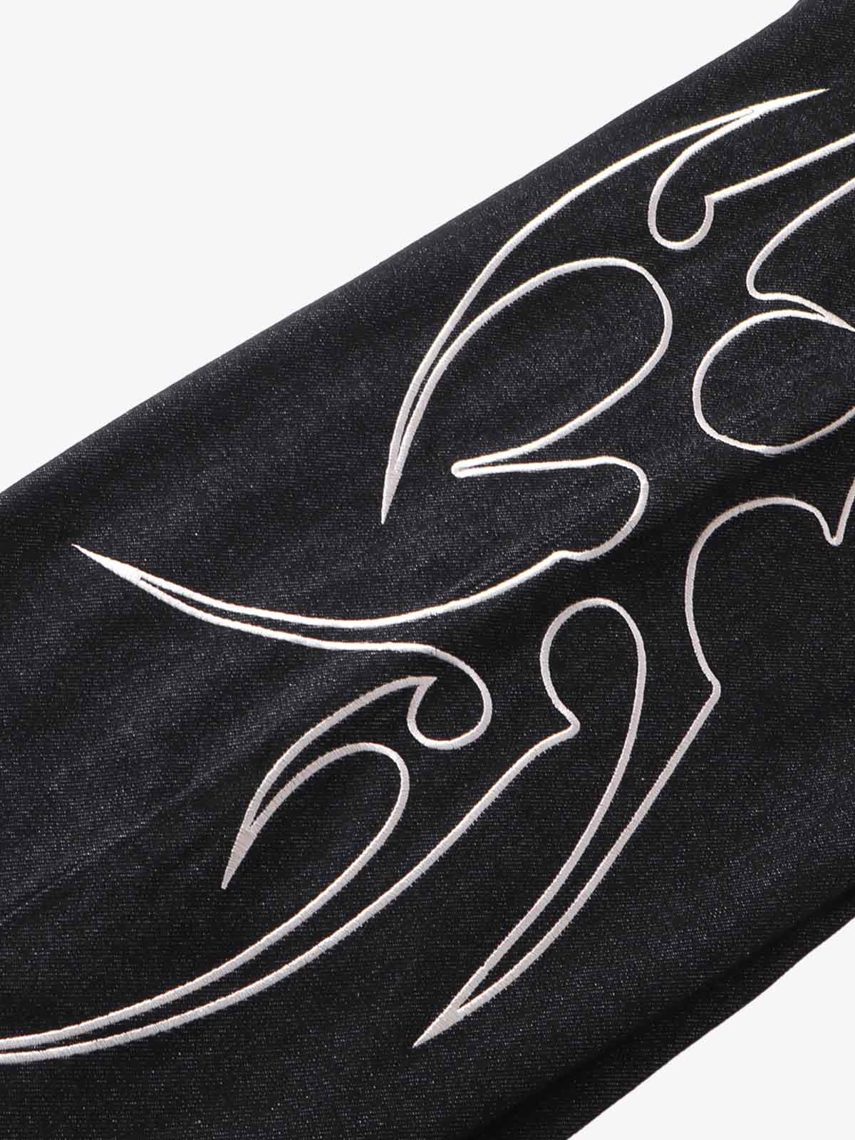 Flame Embroidered Wide Leg Washed Denim Jeans