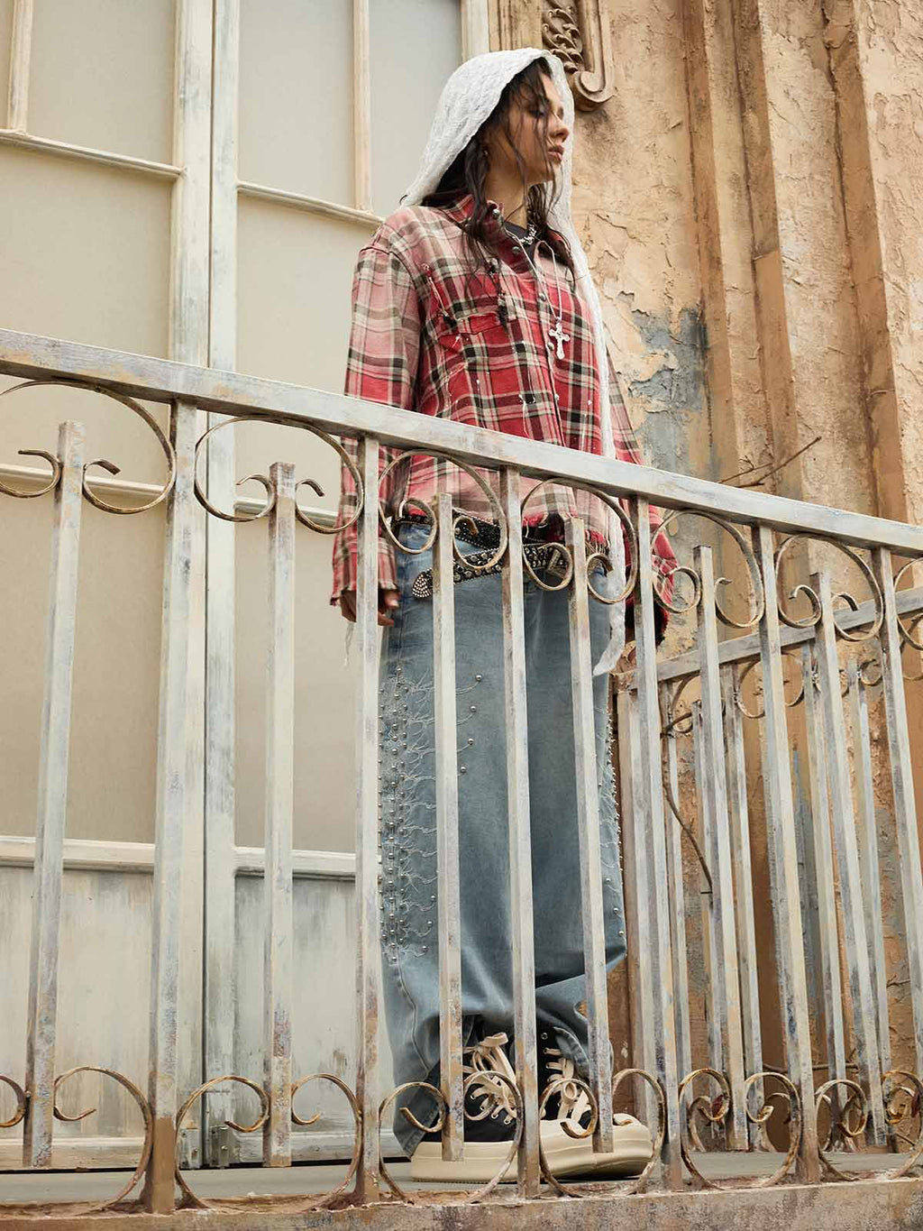 Paint Splatter Plaid Frayed Hem Button Up Shirt