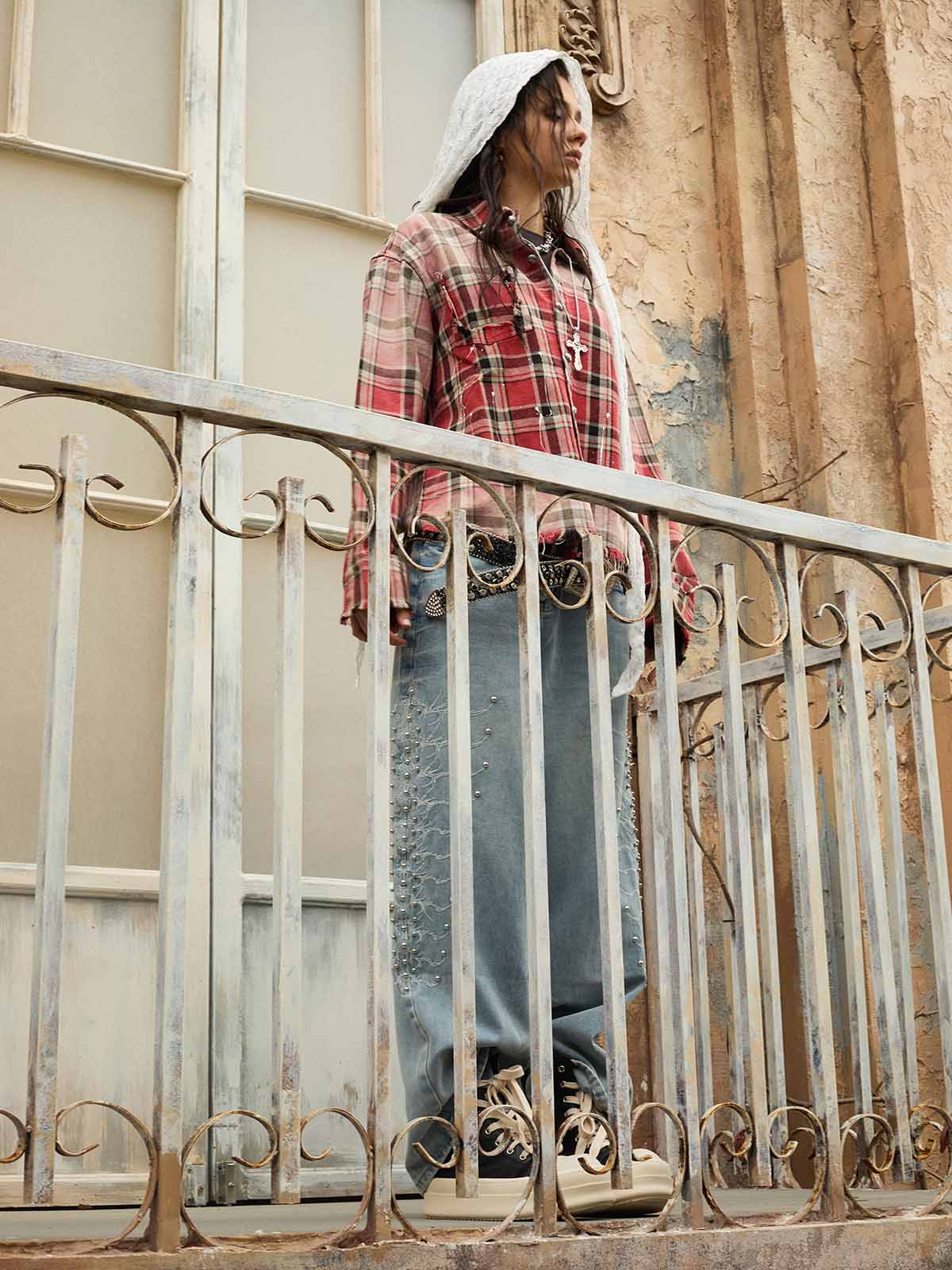 Paint Splatter Plaid Frayed Hem Button Up Shirt