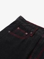Retro Red Contrast Stitching Pocket Barrel Jeans