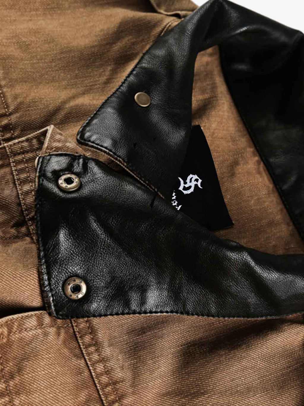 Leather Contrast Fold-Over Collar Multi Pocket Jacket