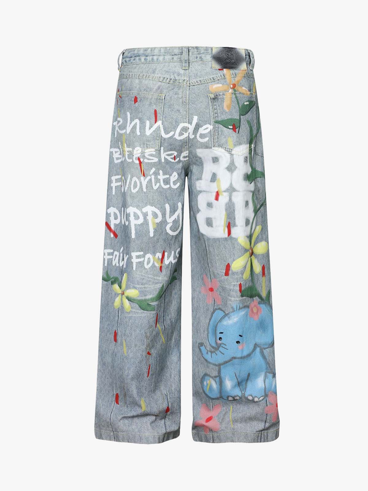 Graffiti Cartoon Animal Print Distressed Wide Leg Denim Jeans
