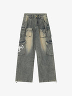 Washed Scorpion Print Multi Pocket Cargo Pants