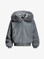 Vintage Faux Fur Hoodedd Leopard Lined Graphic Bomber Jacket