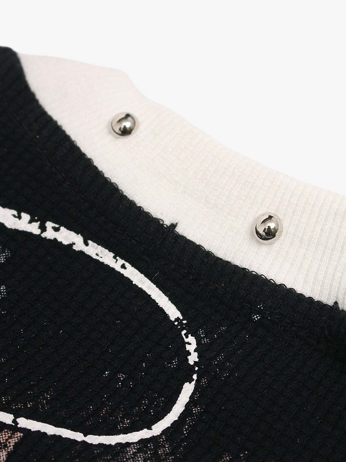 Gothic Cross Print Studded Collar Waffle Knit Graphic T-Shirt
