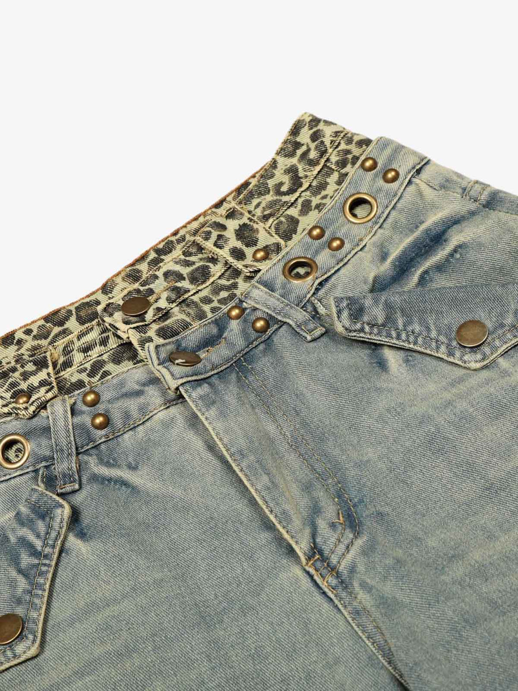 Y2K Double Waistband Leopard Print Wide Leg Jeans