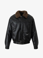 Vintage Detachable Fur Collar Quilted Leather Jacket - 2523