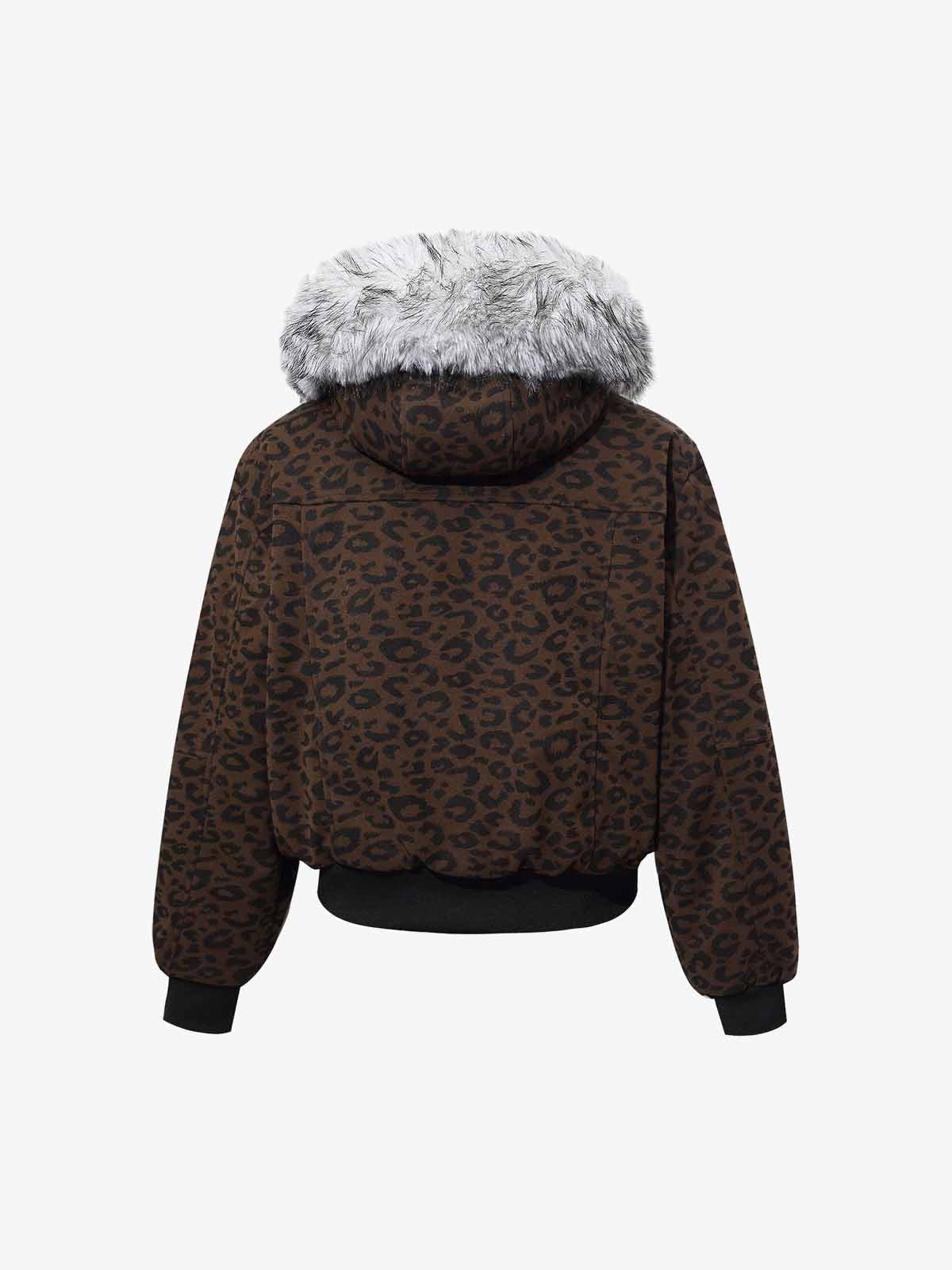 Retro Faux Fur Trimmed Hood Leopard Print Bomber Jacket