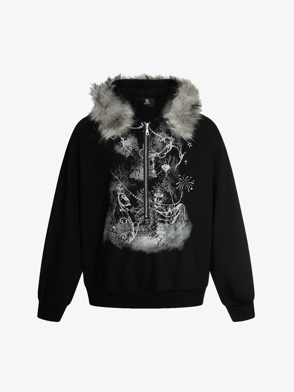 Detachable Fur Collar Printed Cardigan Half-Zip Hoodie