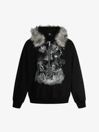 Detachable Fur Collar Printed Cardigan Half-Zip Hoodie