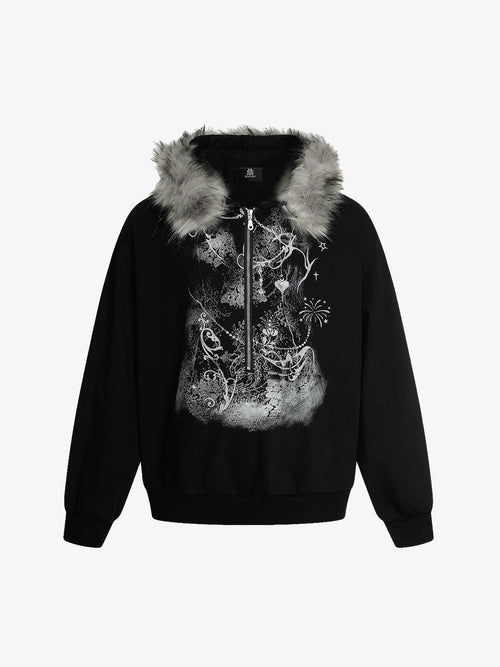 Detachable Fur Collar Printed Cardigan Half-Zip Hoodie