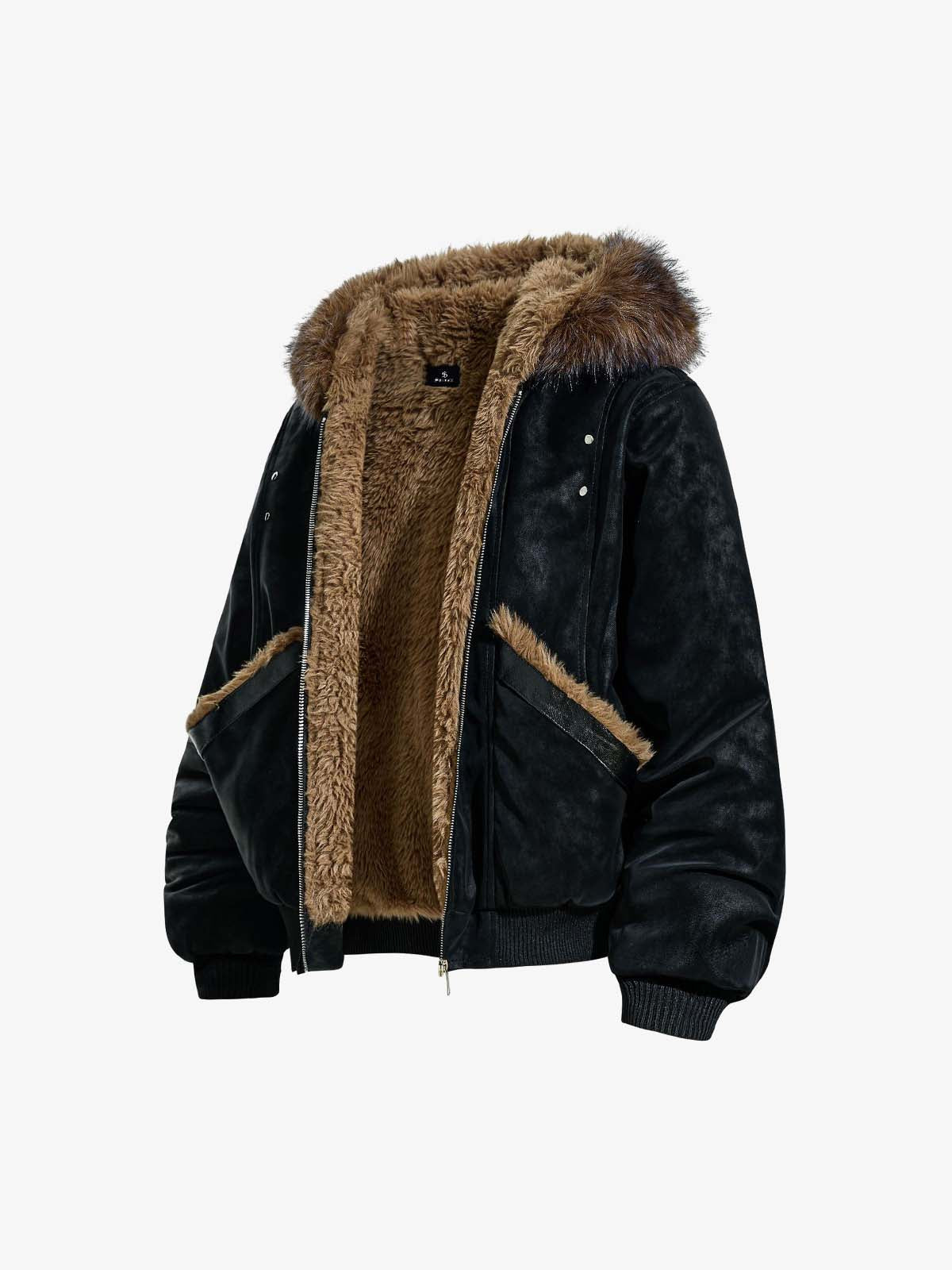 Retro Detachable Faux Fur Collar Suede Fleece Hoodie Jacket