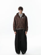 Vintage Leather Badge Fleece-lined Hooded Zip Bomber Jacket - 2547