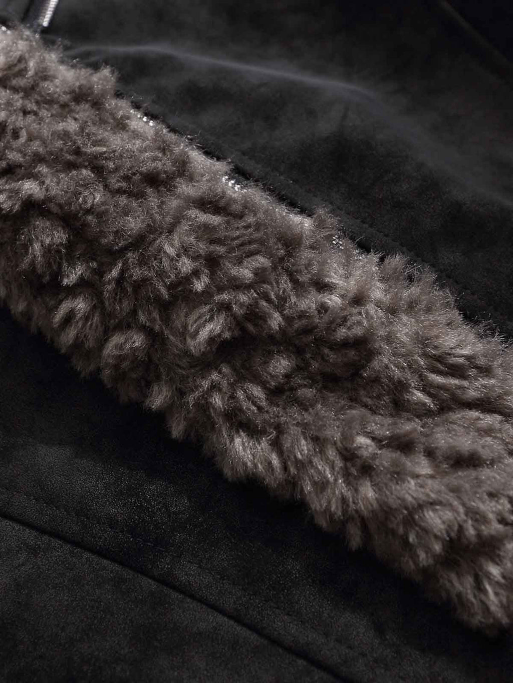 Retro Suede Texture Shearling Collar Fleece Bomber Jacket