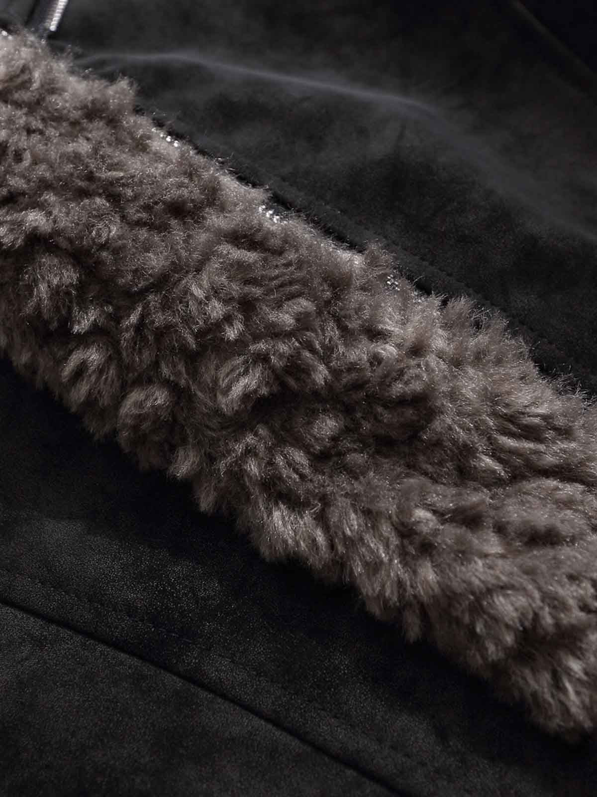 Retro Suede Texture Shearling Collar Fleece Bomber Jacket