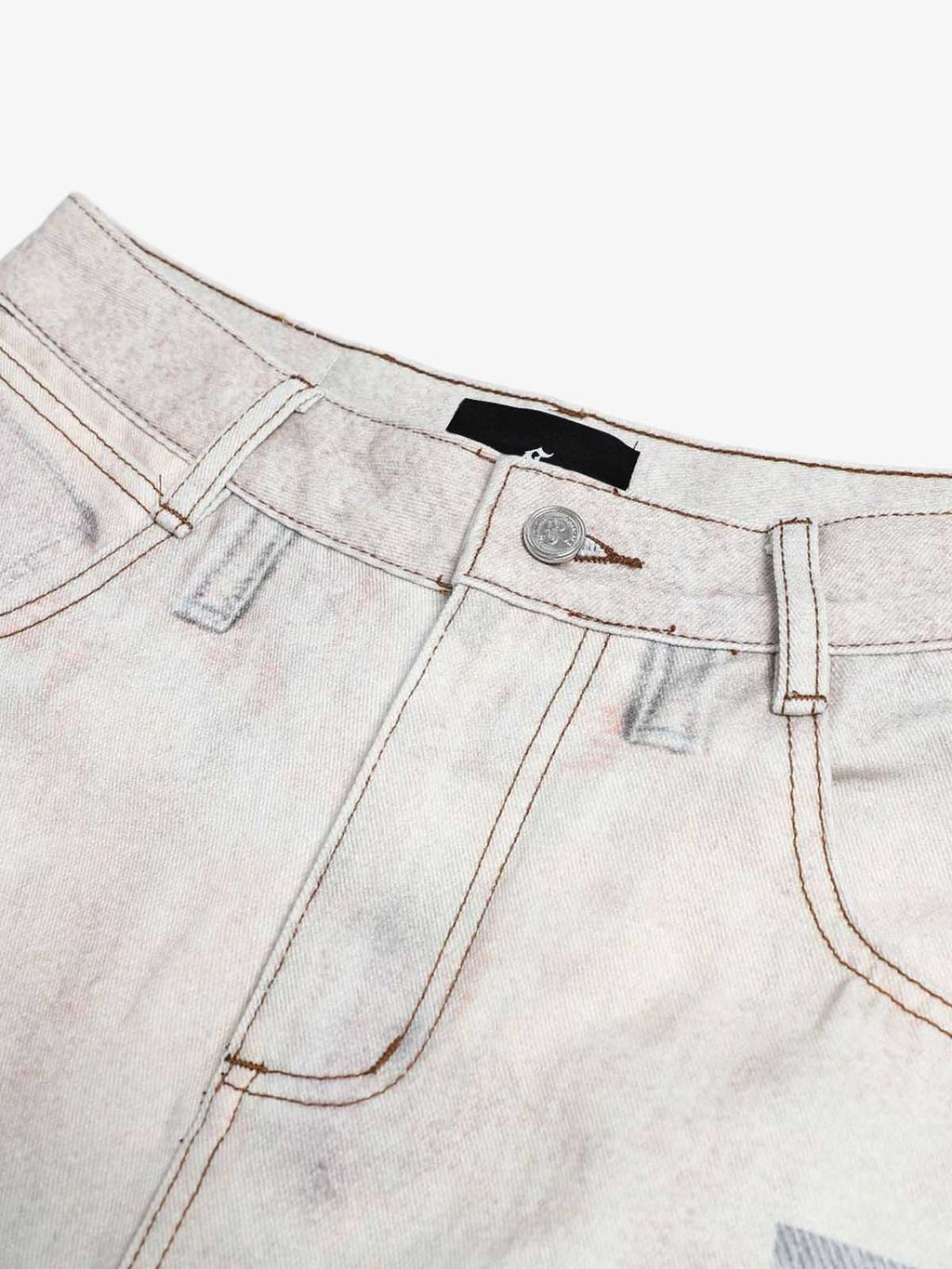 Vintage Wash Collage Print Curved Leg Denim Jeans