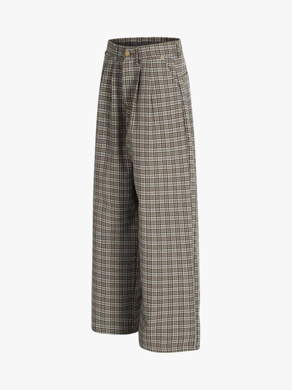 Vintage Plaid Pleated Wide Leg Pants