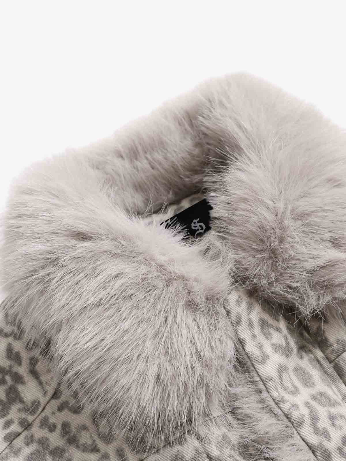 Vintage Leopard Fleece Faux Fur Collar Panel Trim Padded Jacket