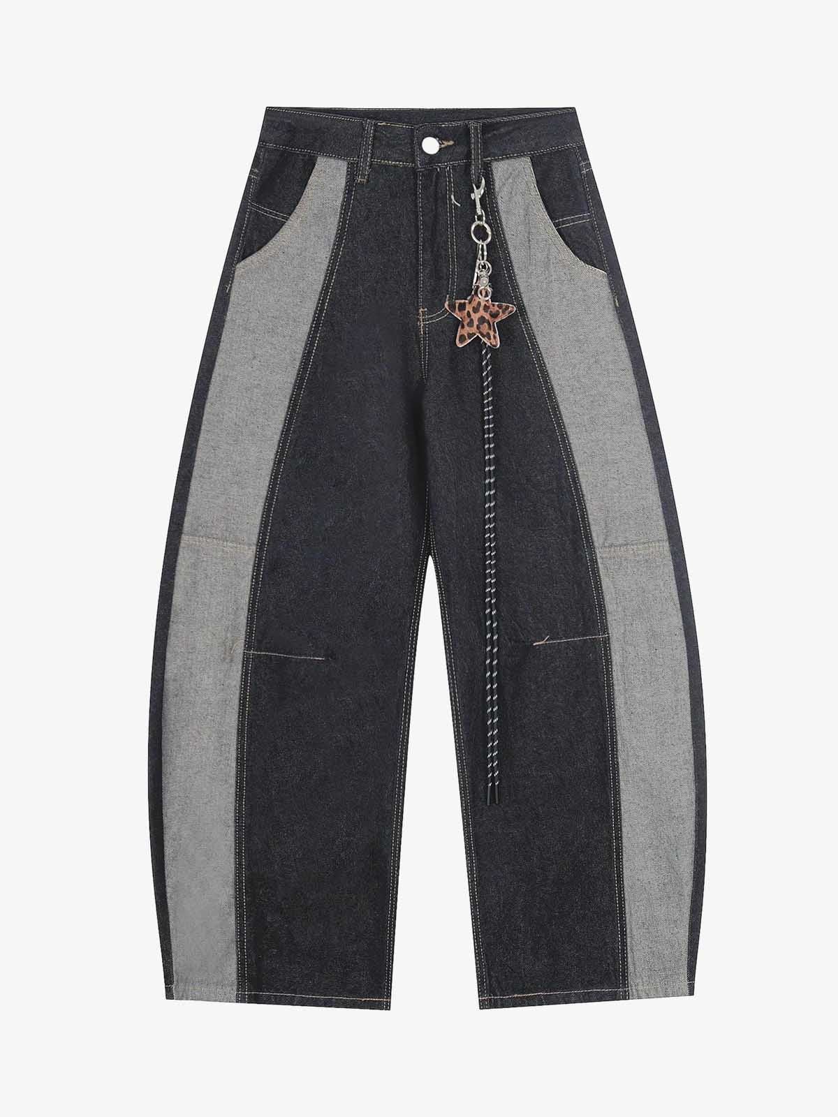Contrast Panel Barrel Denim Jeans with Chain Detail