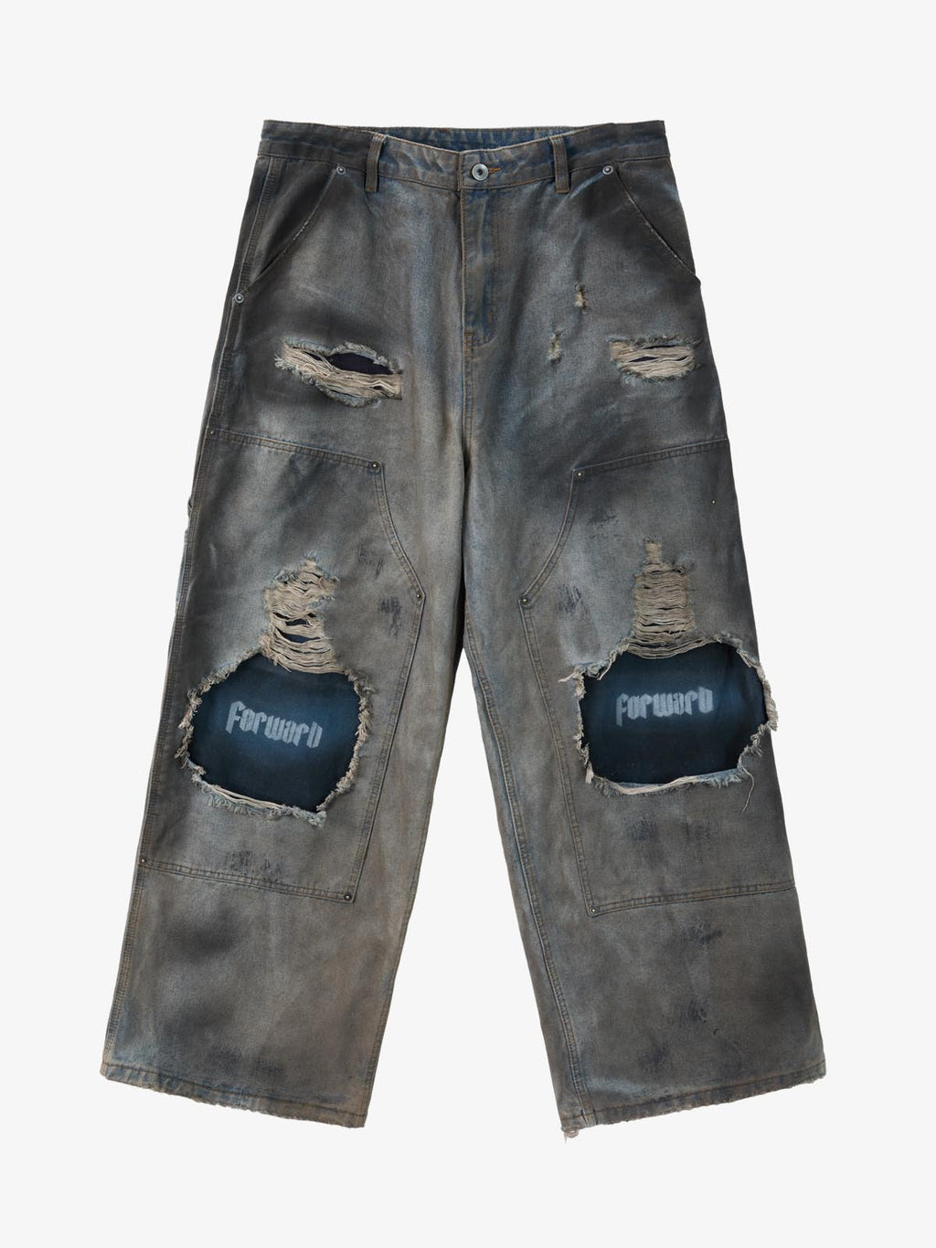 Distressed Washed Ripped Letter Patchwork Wide Leg Jeans