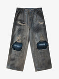 Distressed Washed Ripped Letter Patchwork Wide Leg Jeans