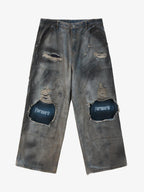 Distressed Washed Ripped Letter Patchwork Wide Leg Jeans