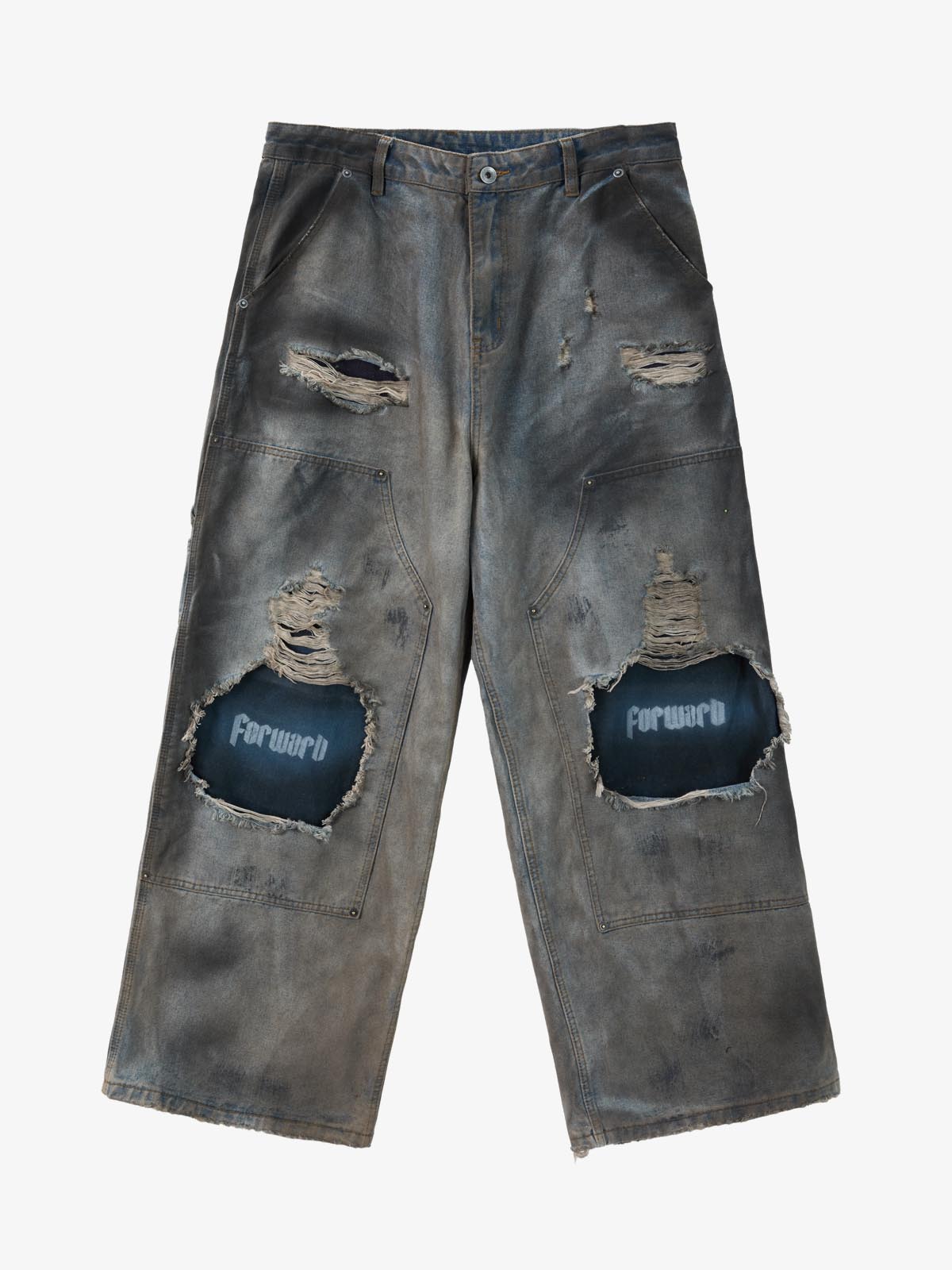 Distressed Washed Ripped Letter Patchwork Wide Leg Jeans