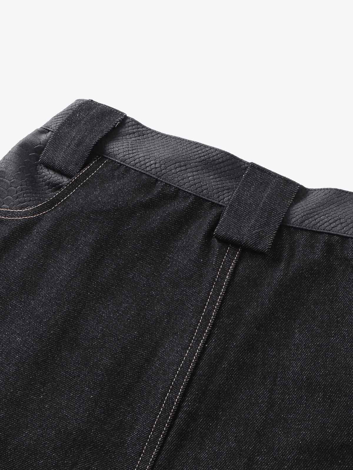 Flame Embroidered Wide Leg Washed Denim Jeans