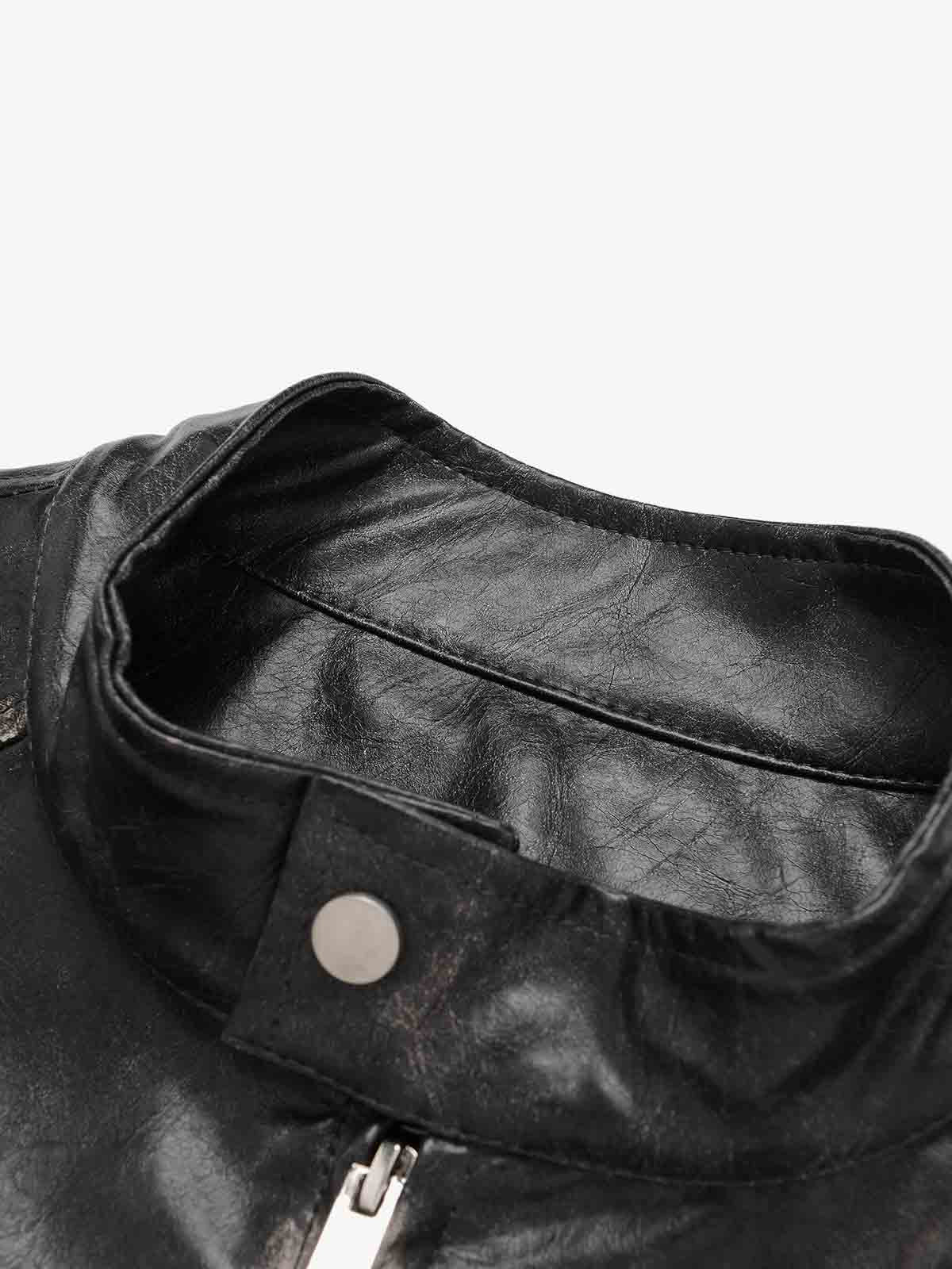 Retro Leather Stand-Collar Elastic Hem Jacket