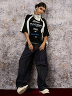 Deconstructed Contrast Stitching Pleated Baggy Barrel Jeans - 2343