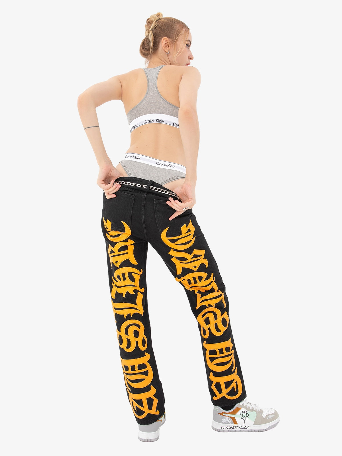 Theprecipice Burning Text Embroidered Letters Jeans -1478