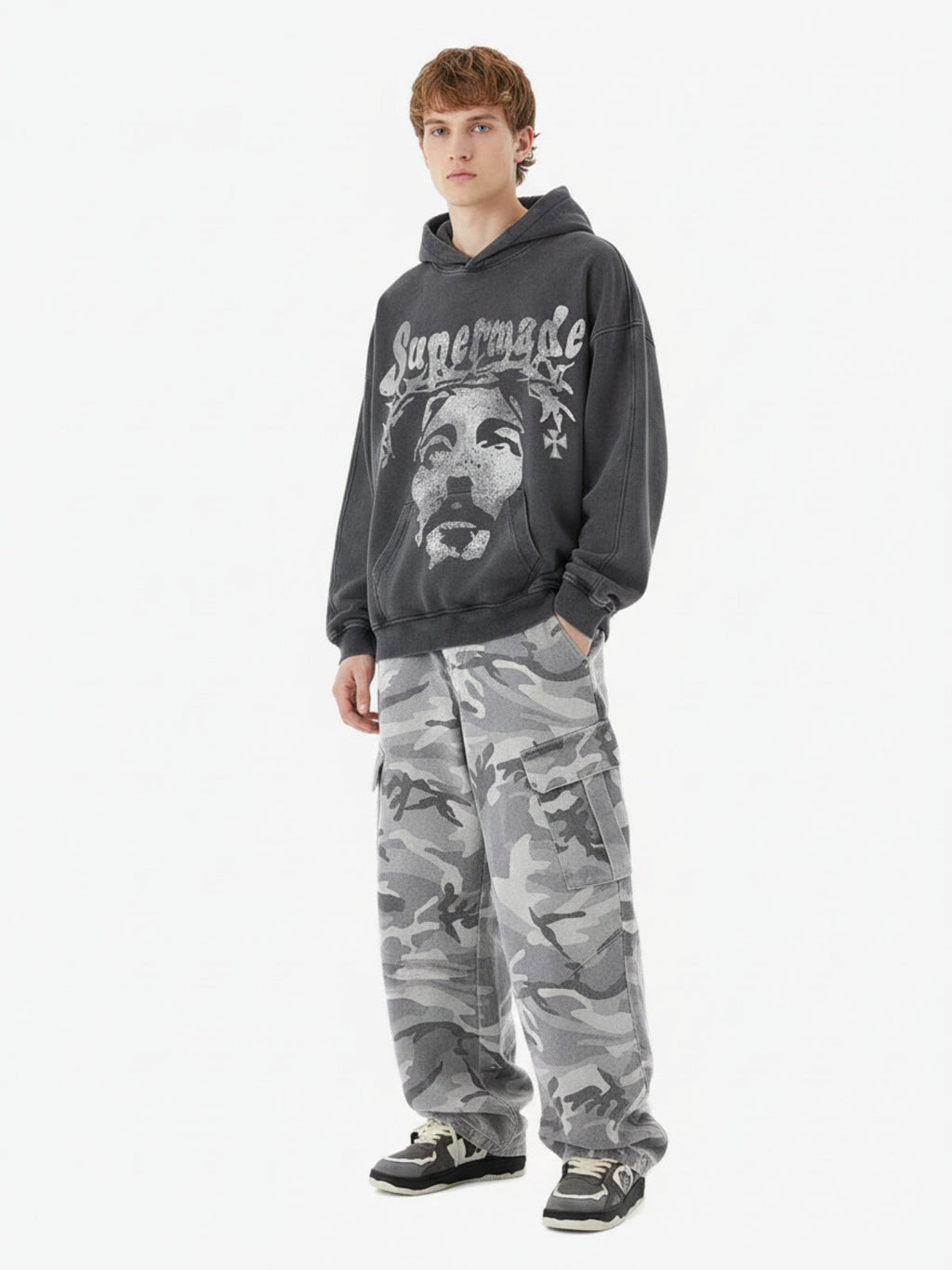 Snow Camouflage Machete Wide-Leg Cargo Barrel Pants - 2548