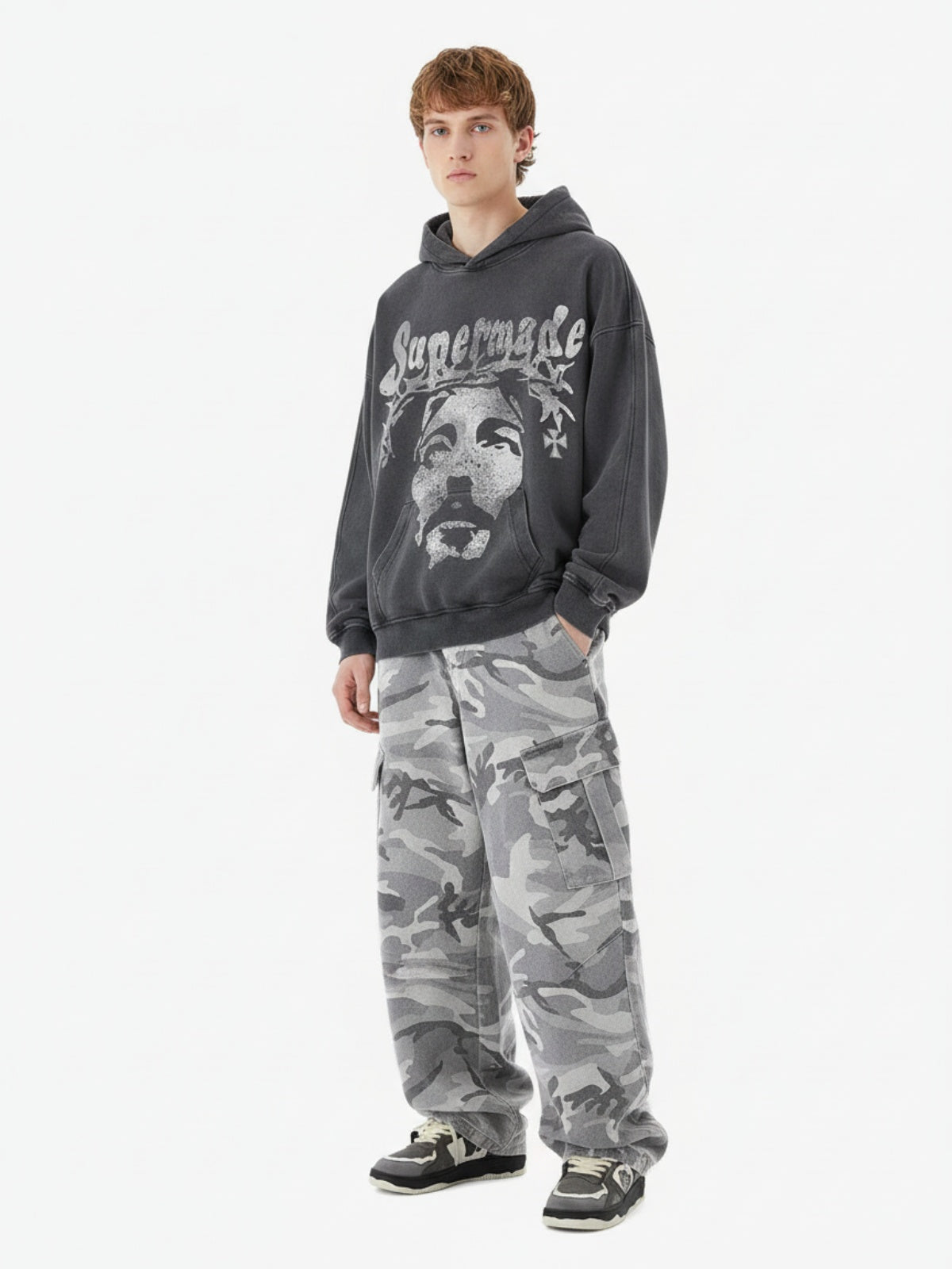 Snow Camouflage Machete Wide-Leg Cargo Barrel Pants - 2548