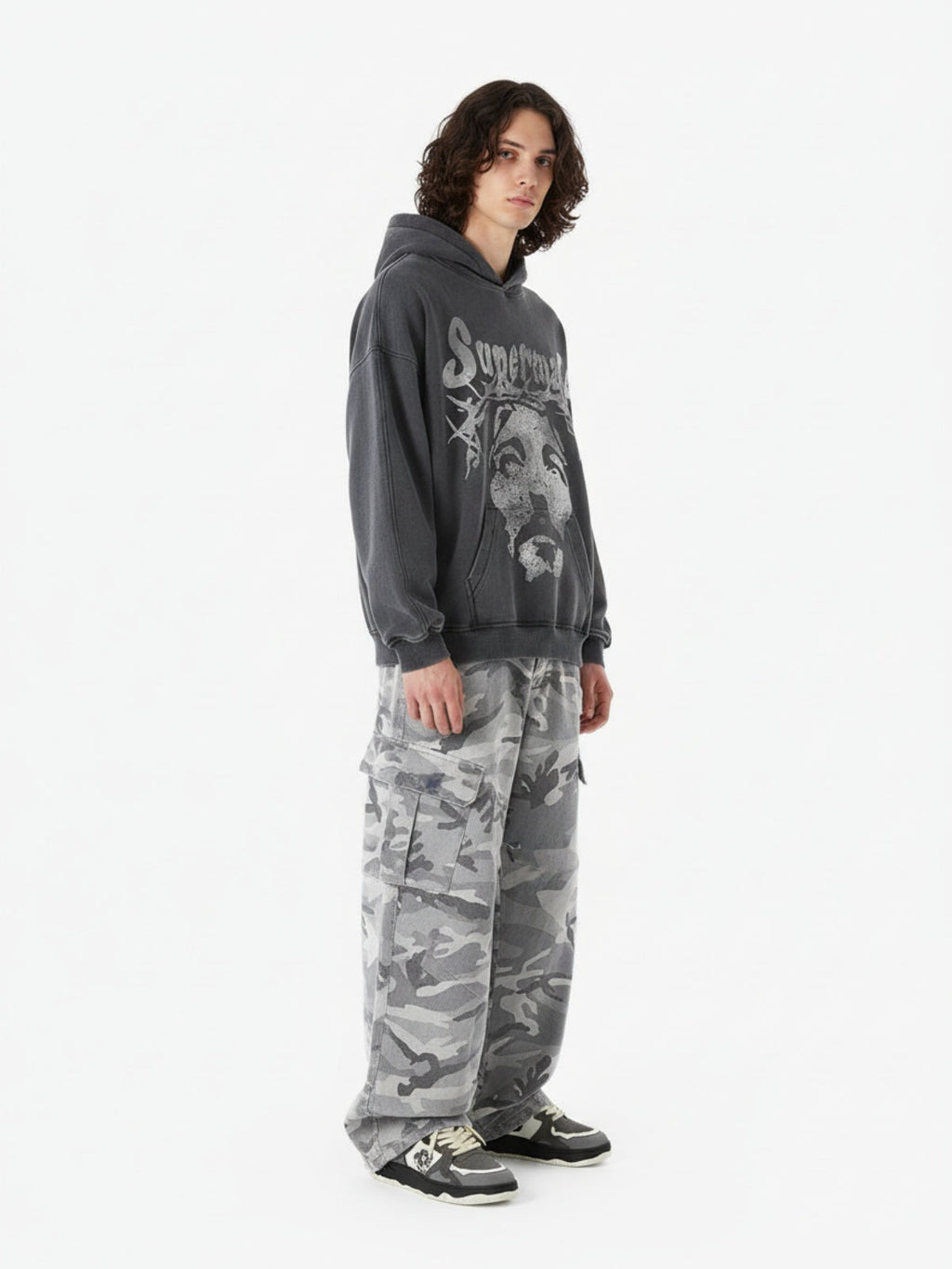 Snow Camouflage Machete Wide-Leg Cargo Barrel Pants - 2548