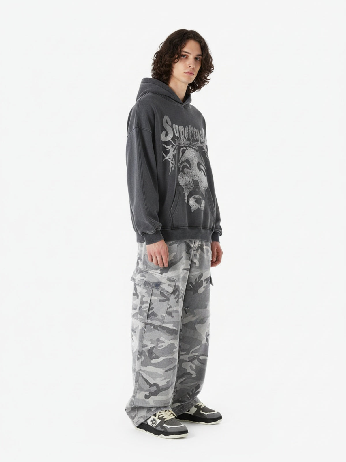 Snow Camouflage Machete Wide-Leg Cargo Barrel Pants - 2548