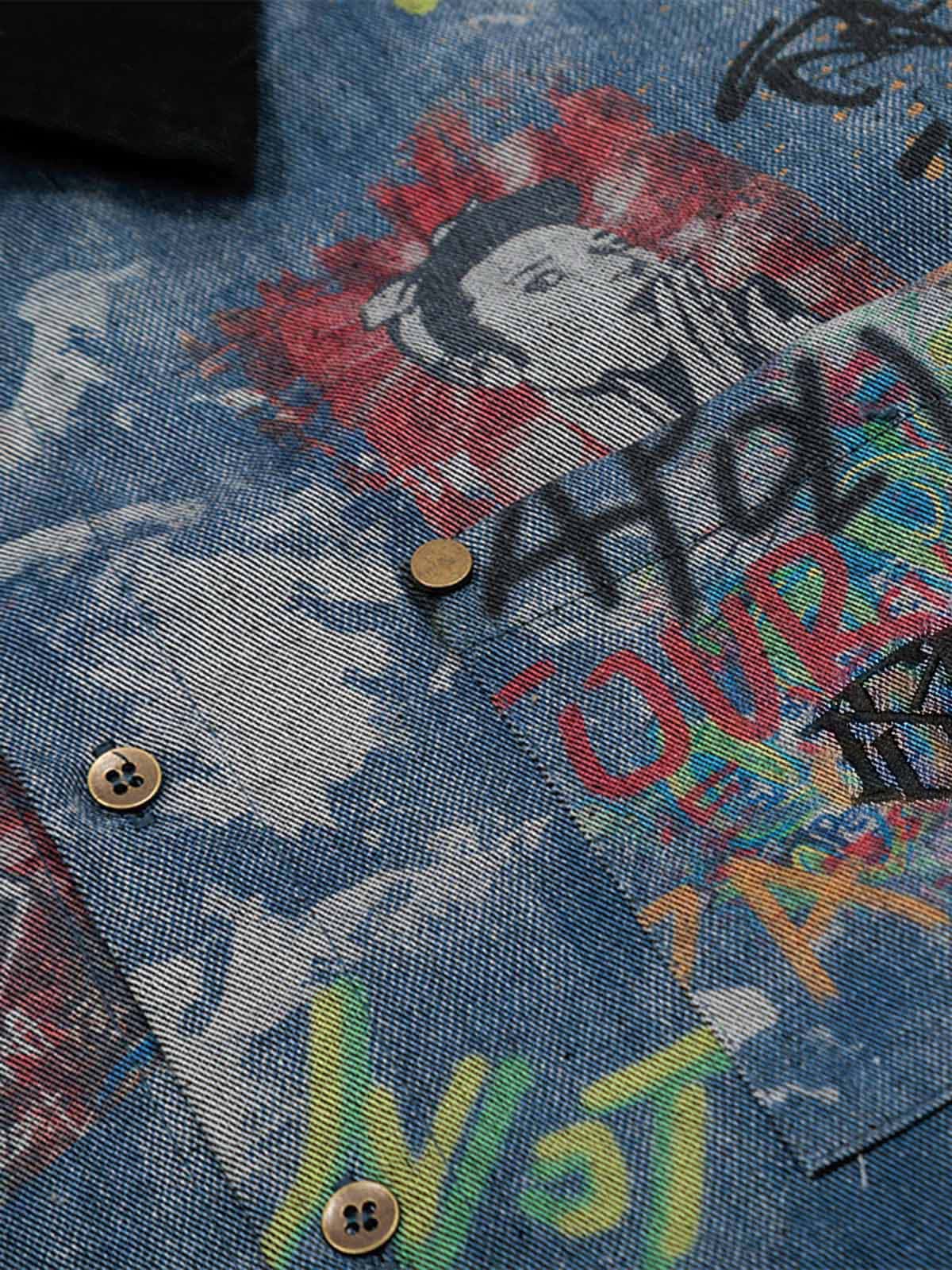 Tie-Dye Denim Graffiti Polo T-Shirt
